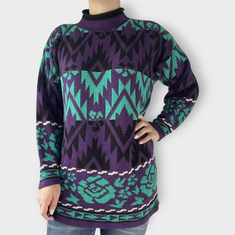 J C & Louis Sweater Vintage Neon Mock Neck Roses Aztec Purple Alternative Large